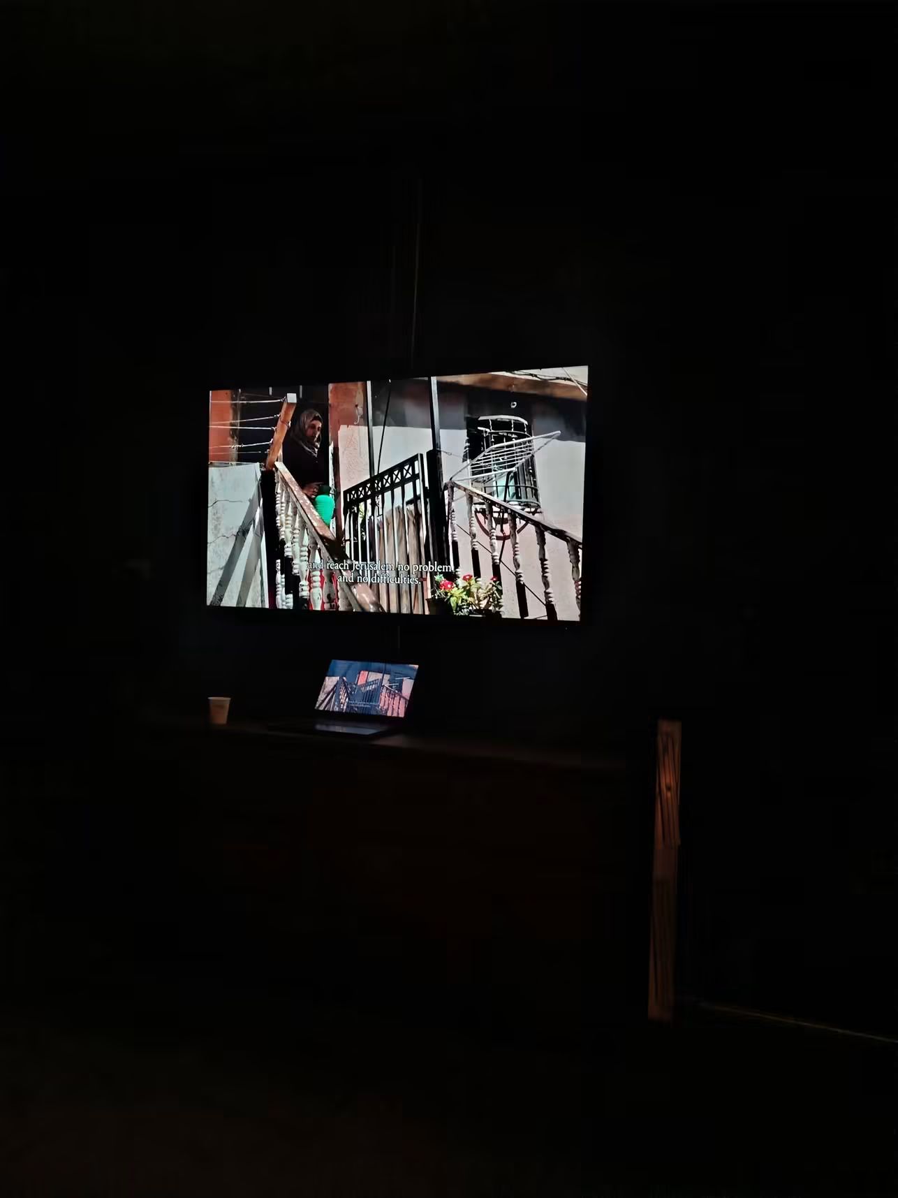 A film screening in a darkened room, with a documentary scene on the television